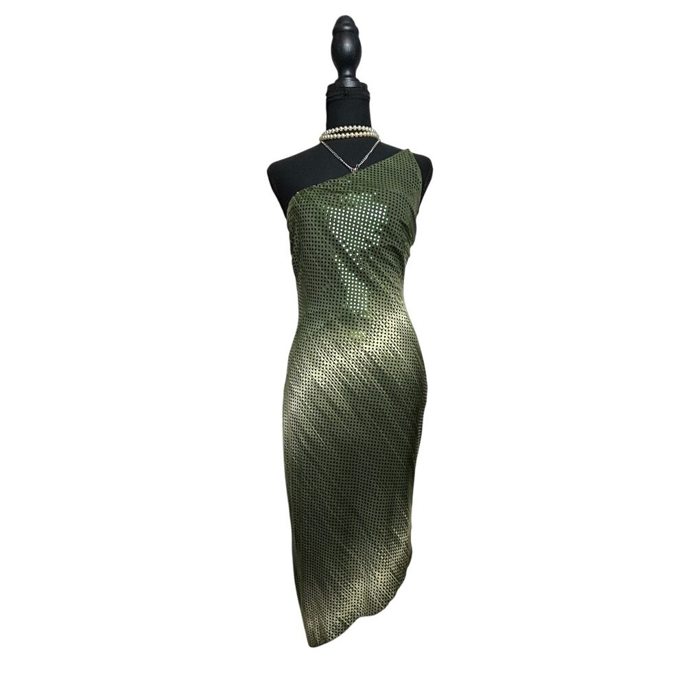 Cache Y2K One Shoulder Green Ombré Sequin Dress Asymmetric Bodycon Size 8